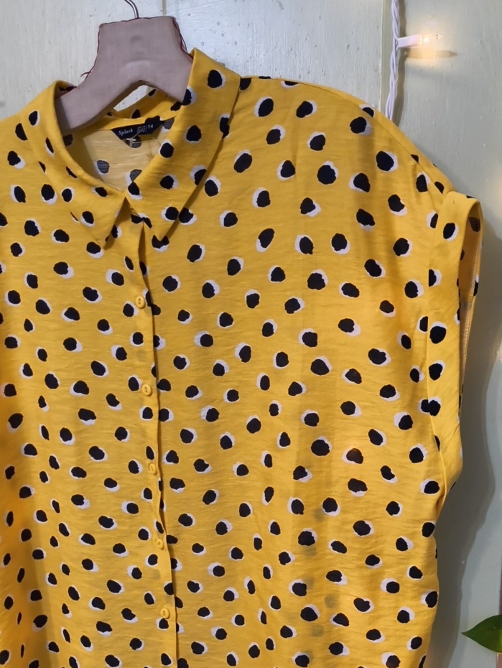 Women's Splash Yellow Black Polka Dot Oversized Crop Button Up Top XL - Picture 2 of 8